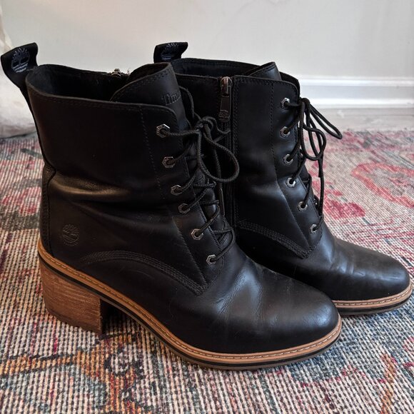Sassy AF! Timberland *waterproof* lace-up heeled boots, size 10M, black leather - Picture 1 of 4